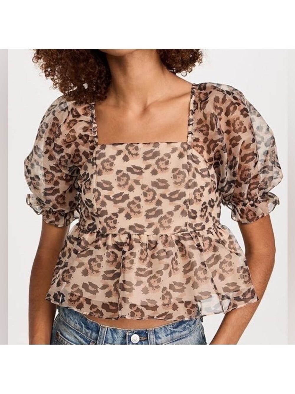 Endless Rose Organza Puff Sleeve Leopard Animal Print Peplum Shirred Back Top